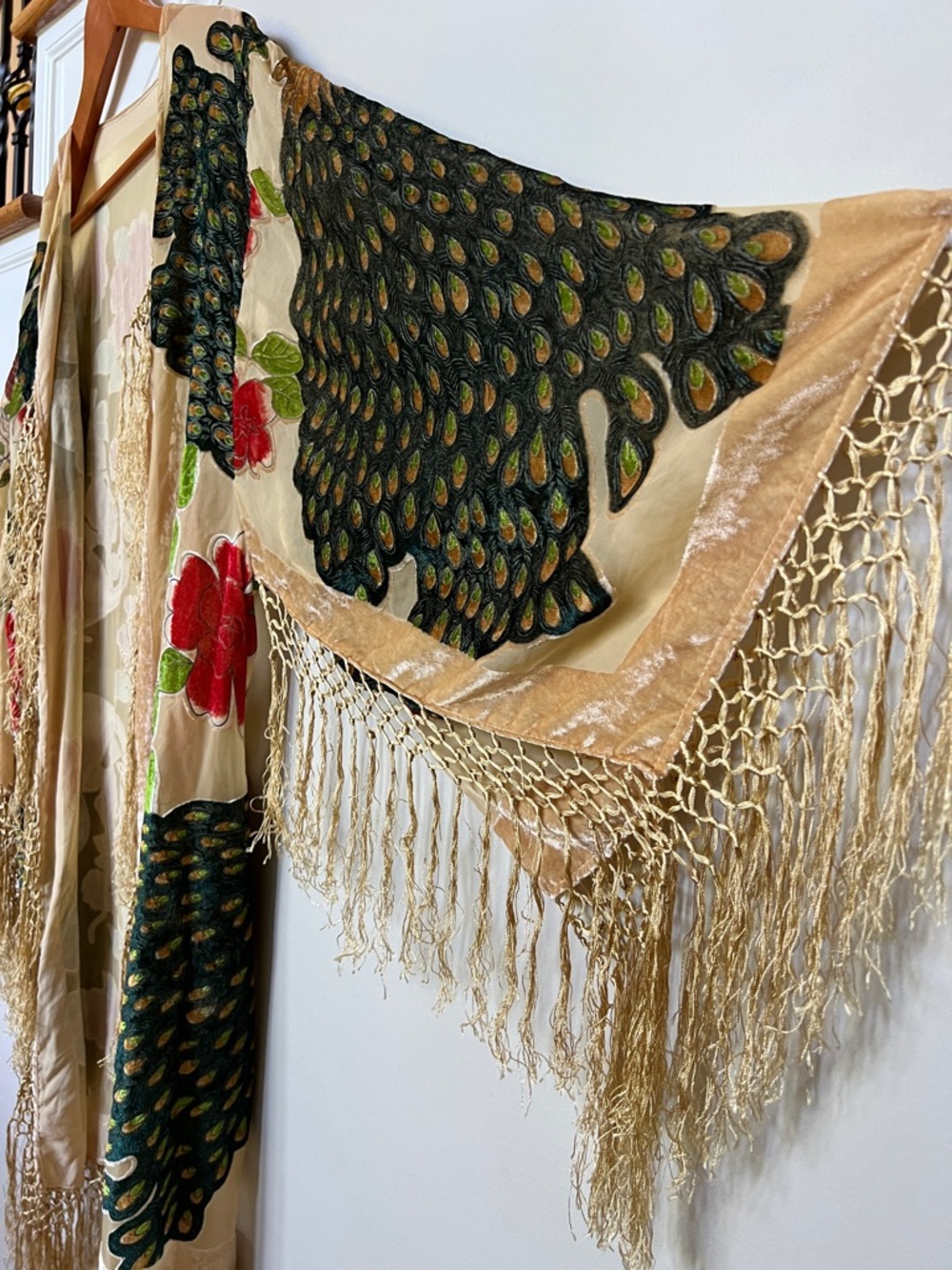Peacock Burnout Velvet Fringe Kimono Robe Boho Festival BeigeTeal Silk Duster OS - Picture 3 of 14